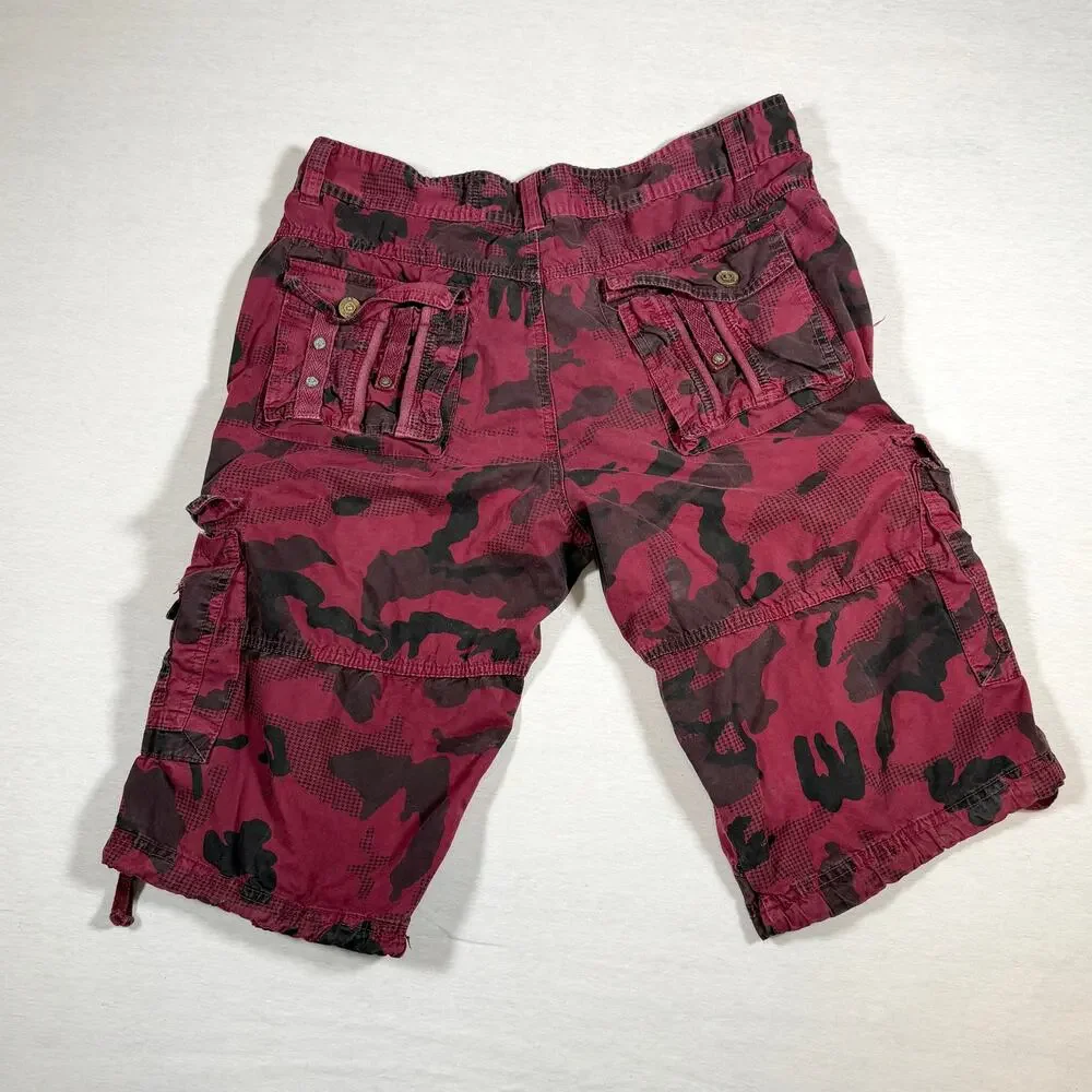 Y2K Twoce Twice Burgundy Black Camo Cargo Shorts 34 Baggy Buckle Skater Jorts